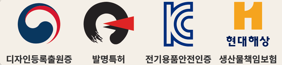 디자인등록출원증, 발명특허, 전기용품안전인증(KC), 현대해상 생산물책임보험 인증 마크