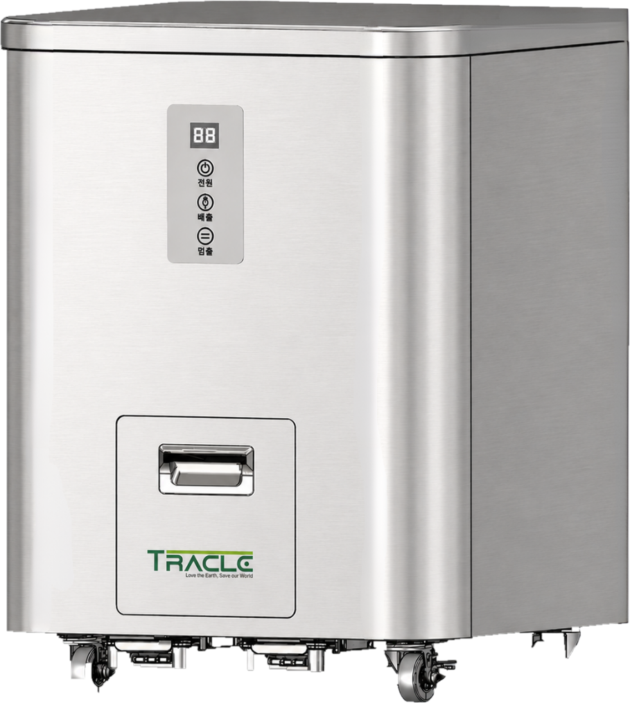 TRACLE 준업소용 음식물처리기 T-030A — 브러시드 스테인리스 바디, 전면 LED 표시창, 이동식 캐스터