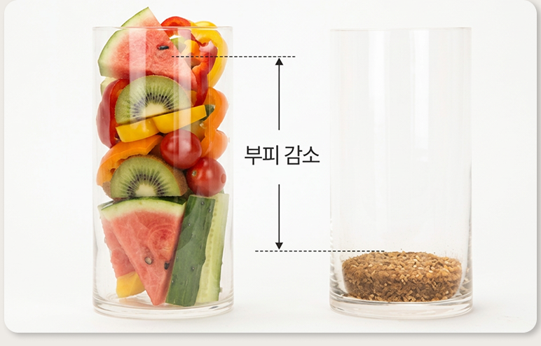 투입 전 음식물이 가득 찬 유리컵과 처리 후 부산물만 바닥에 남은 유리컵을 나란히 비교한 사진